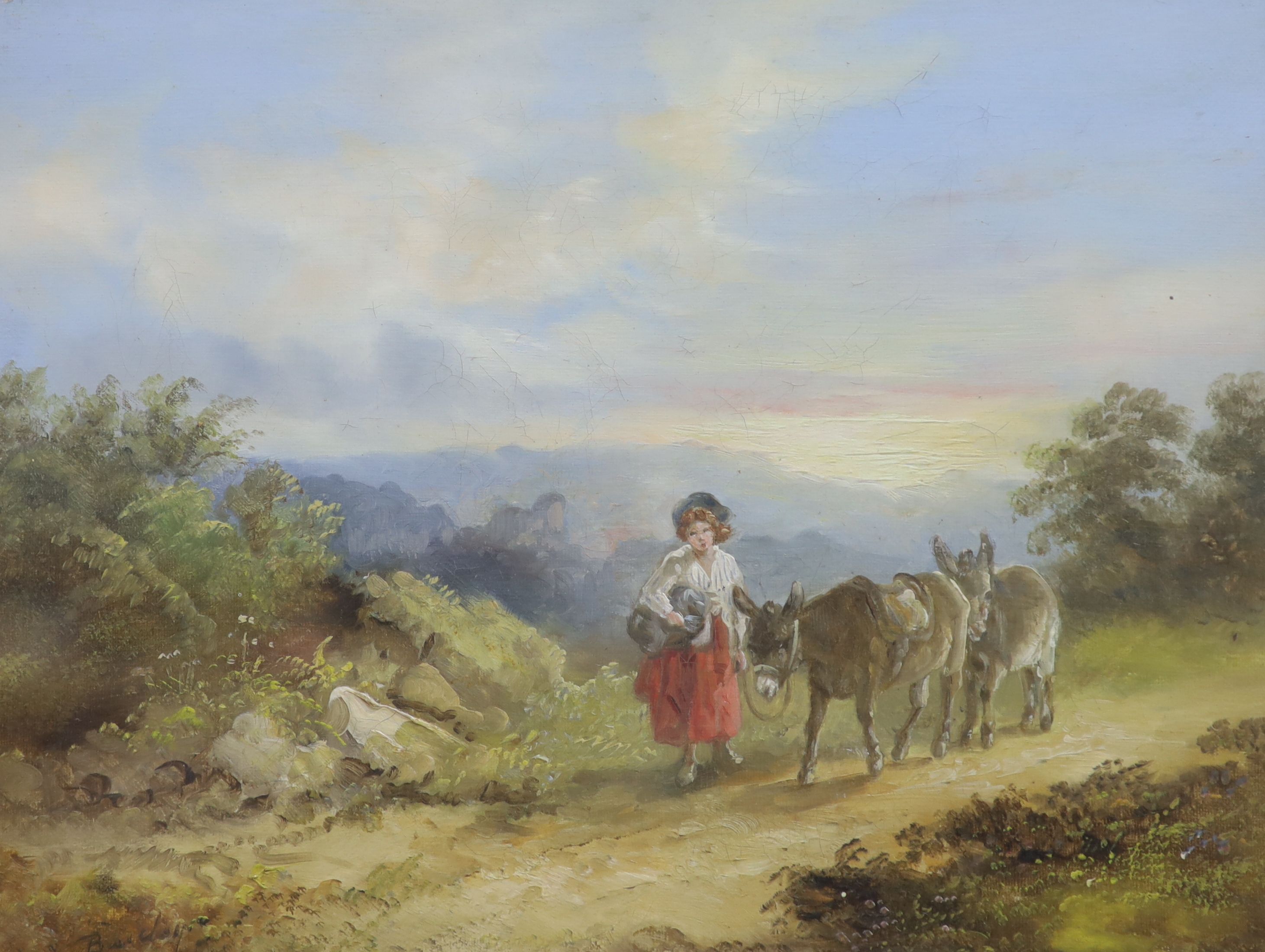 English School, oil on board, Woman leading donkeys in a landscape, indistinctly signed, 24 x 31cm